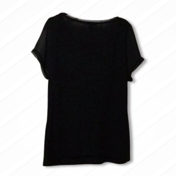 OLSEN EUROPE Crystal Stud Embellished Peacock Silk Top Sheer Sleeves Black W M - Picture 4 of 16